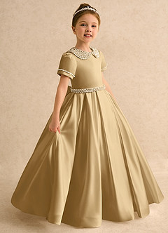 Azazie Gabriella Flower Girl Dresses Gold Ball-Gown with Sleeves Matte Satin Dress image1