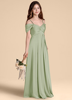 Azazie Kaitlynn Junior Abito A-Line in Raso Elasticizzato a Spalla Scoperta Verde Salvia image5