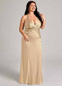 Azazie Valerie Vestidos de damas de honor Vestido de Champán de Satén Elástico de Corte Sirena con Plisado image4