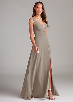 Azazie Nelly Robes de demoiselle d'honneur Robe Trapèze en Mousseline de soie Plissée Taupe image3
