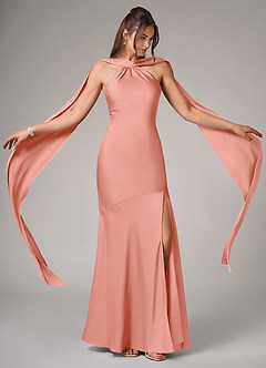 Azazie Kinsley Robes de demoiselle d'honneur Robe Sirène en Satin extensible Fente Latérale Corail image2