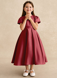 Azazie Princess Flower Girl Dresses Pomegranate A-Line Pleated Matte Satin Dress image4