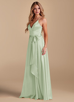 Azazie Sophia Venta Final Vestido de Salvia Polvorienta de Satén Metálico de Corte en A con Con bolsillos image5