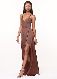 Azazie Maksim 신부 들러리 드레스 A라인 스트레치 새틴 바닥 길이 드레스 image7