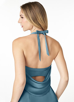 Azazie Myla Final Sale Agave Sheath Cowl Keyhole Stretch Satin Dress image5