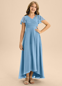 Azazie Induh Junior Vestido de Azul Acero de Gasa de Corte En A con Plisado image1