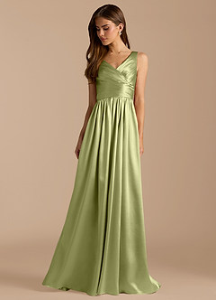 Azazie Keyla Bridesmaid Dresses Pistachio A-Line Pleated Metallic Satin Dress image3