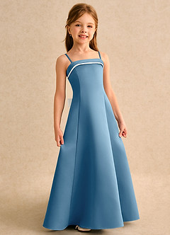 Azazie Izel Girls Formal Flower Girl Dresses Ivory Steel Blue A-Line Pleated Matte Satin Dress image3