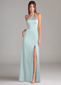 Azazie Elliana Bridesmaid Dresses Sea Glass A-Line Side Slit Stretch Satin Dress image4