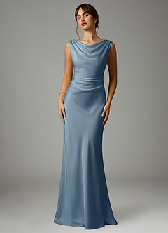 Azazie Kieryn Bridesmaid Dresses Dusty Blue Mermaid Pleated Stretch Satin Dress image1