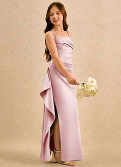 Azazie Cannoli Girls Formal Flower Girl Dresses Powder Pink A-Line Pleated Matte Satin Dress image4