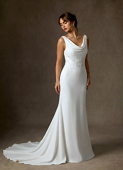 Azazie Maxine Wedding Dresses Diamond White Sheath Crepe Back Satin Dress image7