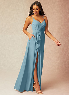 Azazie Kyedae Bridesmaid Dresses Moody Blue A-Line V-Neck Pleated Chiffon Dress image3