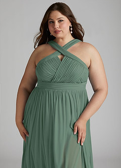Azazie Hillian Bridesmaid Dresses Eucalyptus A-Line Halter Pleated Mesh Dress image13