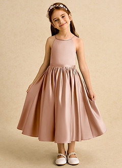 Azazie Indi vestidos de niña de las flores Vestido de Champán Rosado de Satin Mate de Corte En A con Lazo image5