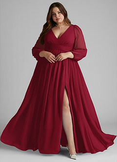 Azazie Norah Bridesmaid Dresses Burgundy A-Line V-Neck Long Sleeve Chiffon Dress image8