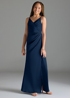 Azazie Maci Junior Dark Navy Mermaid Pleated Stretch Satin Dress image1