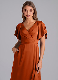 Azazie Ambrosia Bridesmaid Dresses Burnt Orange A-Line Pleated Stretch Satin Dress image2