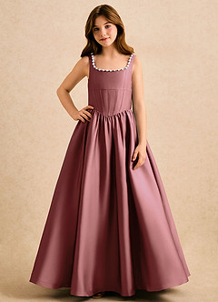 Azazie Enid Girls Formal Blomsterpigekjoler A-Line Perlebesat Stræk satin Gulv-længde Kjole image4