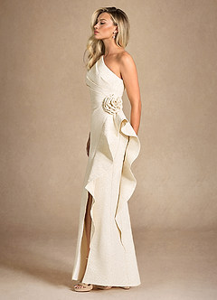 Azazie Patrisha Mother of the Bride Dresses Light Gold Jacquard Mermaid One Shoulder Metallic Jacquard Dress image2