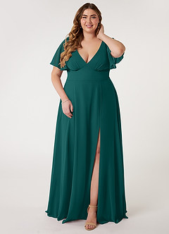 Azazie Kimber Bridesmaid Dresses Peacock A-Line Flounce Sleeve Chiffon Dress image2