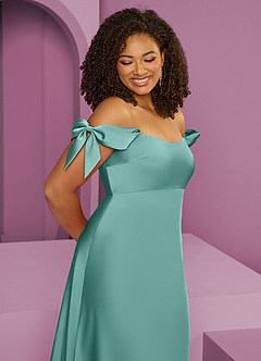Barbie ♥ Azazie Bridesmaid Dresses Aqua Sheath Off the Shoulder Stretch Satin Convertible Dress image12