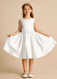 Azazie Sosie Flower Girl Dresses Ivory White A-Line Pleated Matte Satin Dress image2