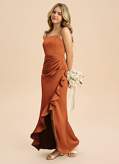 Azazie Buzzy Junior Cinnamon Sheath Pleated Stretch Satin Dress image6