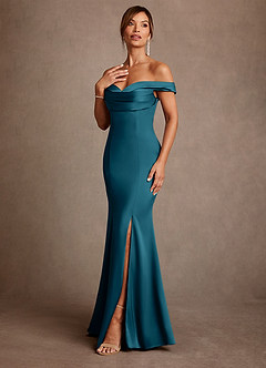 Azazie Boone Mother of the Bride Dresses Ink Blue Mermaid Off the Shoulder Stretch Satin Dress image4