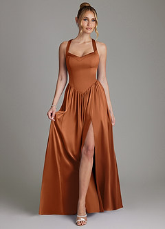 Azazie Francis Robes de demoiselle d'honneur Robe Trapèze en Satin extensible Corset Cuivre image3
