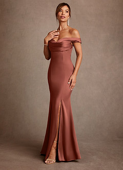 Azazie Boone Abiti per la Madre della Sposa Abito Sirena in Raso Elasticizzato a Spalla Scoperta Auburn image4
