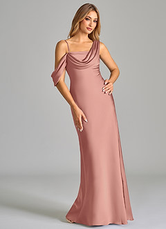 Azazie Celina Bridesmaid Dresses Rosette Sheath Off the Shoulder Stretch Satin Dress image1