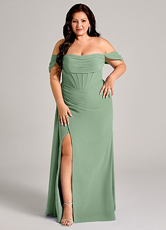 Azazie Amyra Bridesmaid Dresses Matcha Sheath Off the Shoulder Chiffon Convertible Dress image13