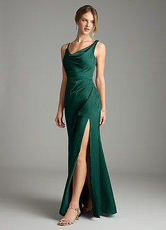 Azazie Samara Robes de demoiselle d'honneur Robe Sirène en Satin extensible Plissée émeraude image3