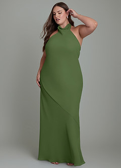 Azazie Velli Robes de demoiselle d'honneur Robe Sirène en Mousseline de soie Col haut Olive image11