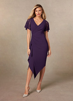 Azazie Eloise Mother of the Bride Dresses Plum Sheath Pleated Stretch Crepe Dress image4