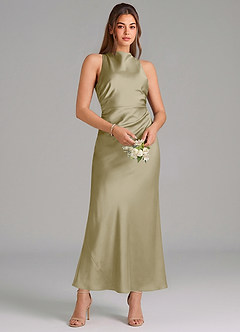 Azazie Evadne Vestidos de damas de honor Vestido de Musgo Verde de Satén Elástico de Corte Recto con Plisado image3