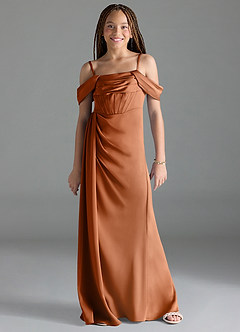 Azazie Amyra Junior Copper Sheath Off the Shoulder Stretch Satin Dress image1