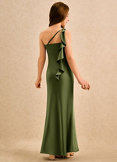 Azazie Almond Girls Formal Abiti da Ragazza di Fiori Abito Tubino in Raso Elasticizzato Monospalla Oliva image1