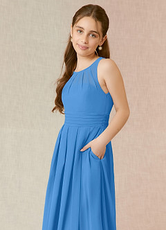 Azazie Bibiane Junior Abito A-Line in Chiffon Plissettato Blue Jay image7