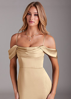 Azazie Saige Bridesmaid Dresses Champagne Sheath Off the Shoulder Stretch Satin Dress image2