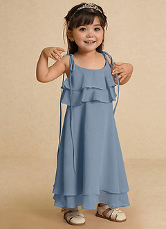 Azazie Temi Robe Demoiselle D'honneur Fillette Robe Trapèze en Mousseline de soie Bretelle Spaghetti Bleu Poussiéreux image7
