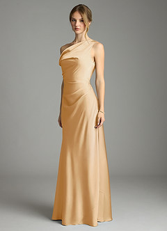 Azazie Emerson Brudtärnklänningar Klä av Sjöjungfru i Stretch Satin Av axeln Guld image4