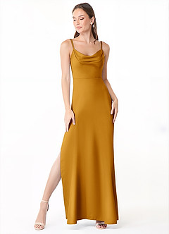 Azazie Alaija Bridesmaid Dresses Butterscotch Mermaid Side Slit Stretch Satin Dress image2