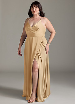Azazie Davis Bridesmaid Dresses Gold A-Line Pleated Stretch Satin Dress image10