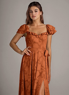 Azazie Aricella Bridesmaid Dresses Burnt Orange A-Line Corset Floral Burnout Dress image6
