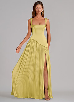 Azazie Stephanie Vestidos de damas de honor Vestido de Canario de Satén Elástico de Corte en A con Plisado image4