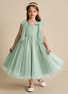 Azazie Dori Robe Demoiselle D'honneur Fillette Robe Trapèze en Tulle Rayé Agave image2