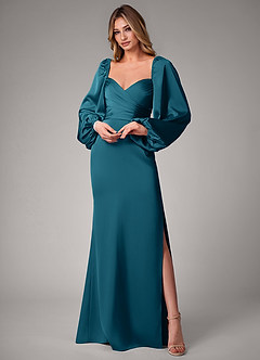 Azazie Sonata Bridesmaid Dresses Ink Blue Sheath Long Sleeve Stretch Satin Convertible Dress image1