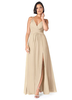 Azazie Farren Bridesmaid Dresses Champagne A-Line Pleated Chiffon Convertible Dress image1